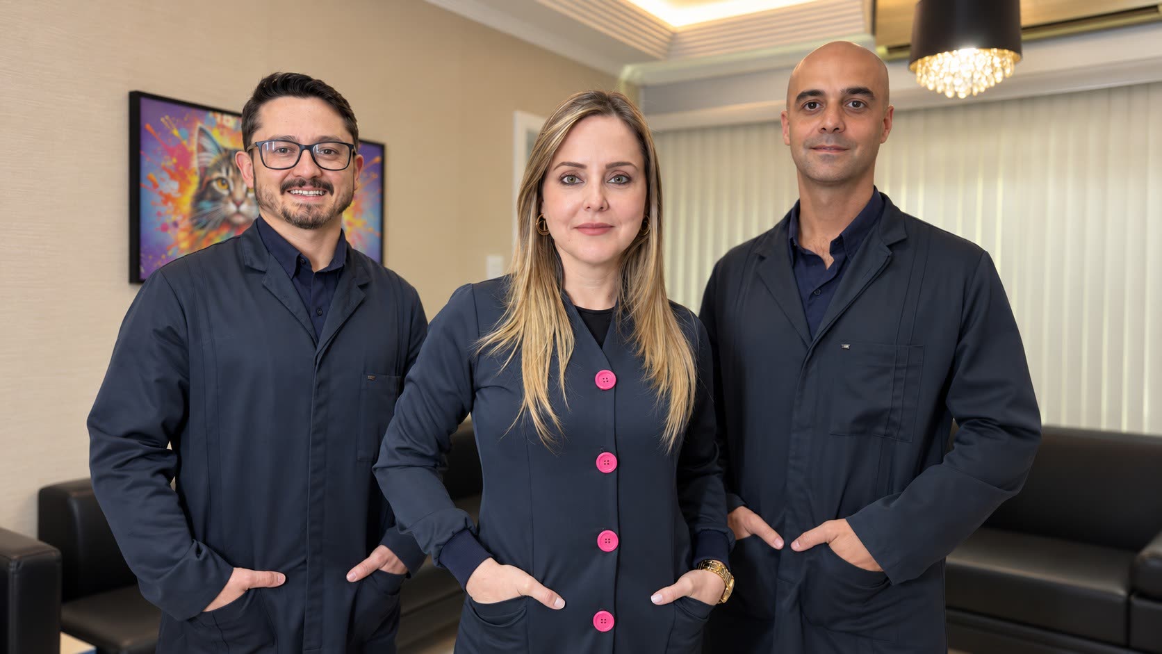Equipe da Animal Center Maringá: Dr. Vítor Massayoshi Ricci, Dra. Andréa Villanova Alves e Dr. Antonio Almir dos Santos Neto