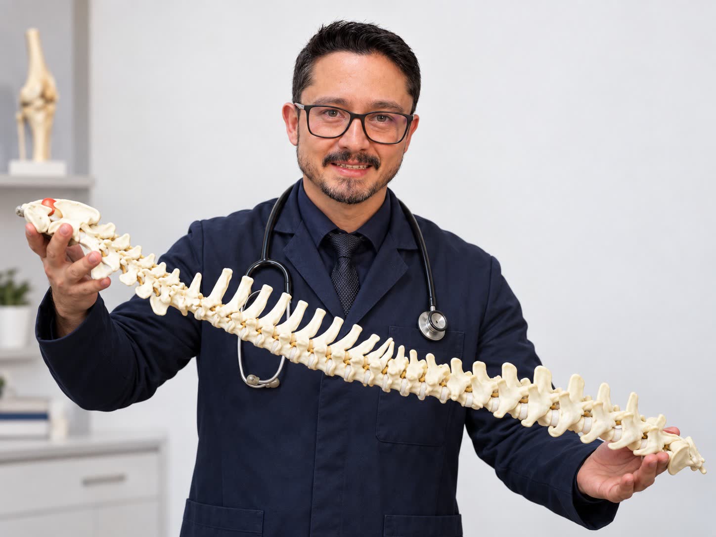 Dr. Vítor Massayoshi Ricci com modelo da coluna vertebral
